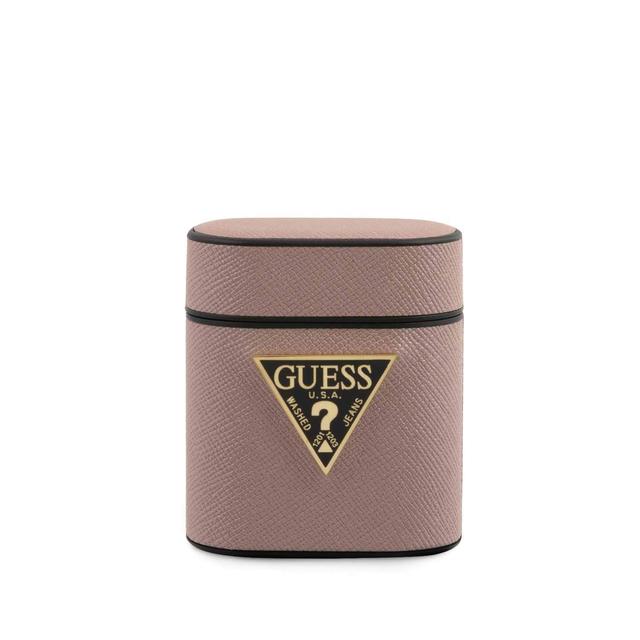 guess pu saffiano round shape case with metal logo for airpods 1 2 pink - SW1hZ2U6Njk4NDg=