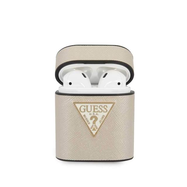 guess pu saffiano round shape case with metal logo for airpods 1 2 beige - SW1hZ2U6Njk4NTQ=