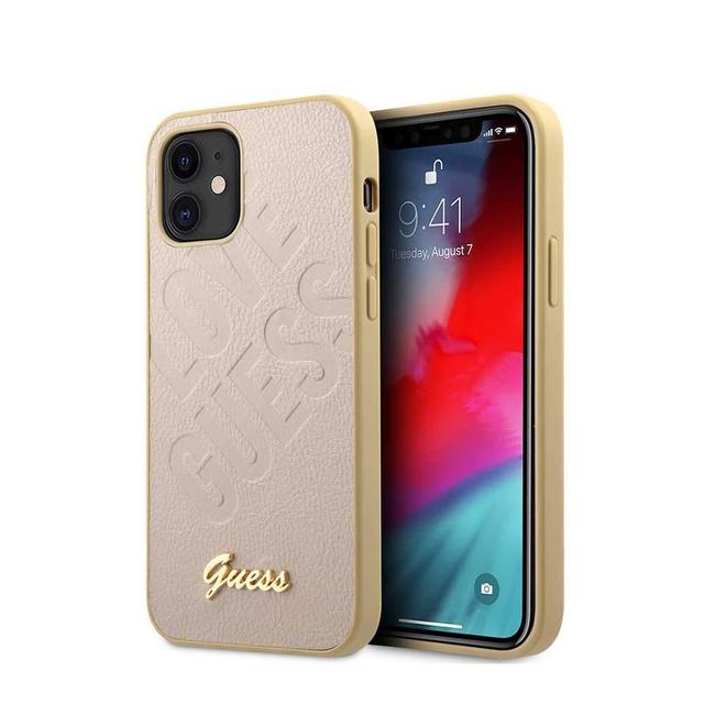 guess pu iridescent love debossed case w metal logo for iphone 12 mini 5 4 light gold - SW1hZ2U6NzgwOTc=