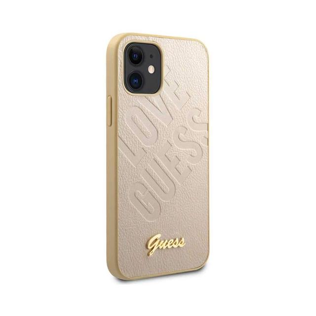 guess pu iridescent love debossed case w metal logo for iphone 12 mini 5 4 light gold - SW1hZ2U6NzgxMDA=