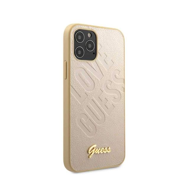 كفر Guess PU Iridescent ``LOVE`` Debossed Case w/ Metal Logo for iPhone 12 / 12 Pro (6.1") - Light Gold - SW1hZ2U6NzgxNzI=