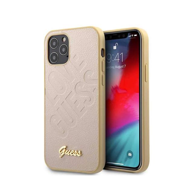 guess pu iridescent love debossed case w metal logo for iphone 12 pro max 6 7 light gold - SW1hZ2U6NzgyMDU=