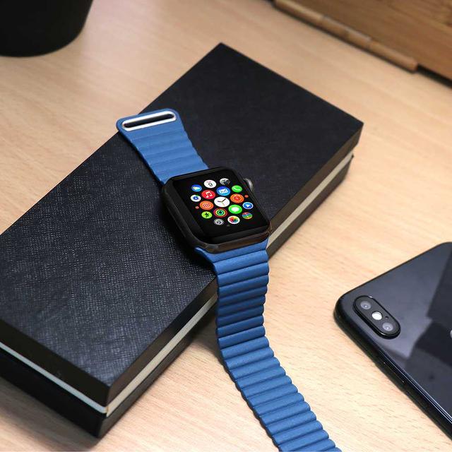 iguard by porodo leather watch band for apple watch 44mm 42mm medium blue - SW1hZ2U6NDc4Nzc=