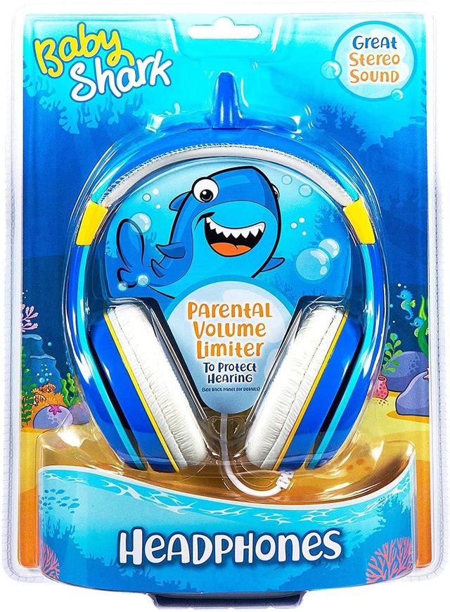 iHome kiddesigns baby shark wired headphones built in volume limiting feature for kid friendly safe listening adjustable headband 3 volume settings great stereo sound 3 5mm connectivity blue - SW1hZ2U6NTcyMDQ=