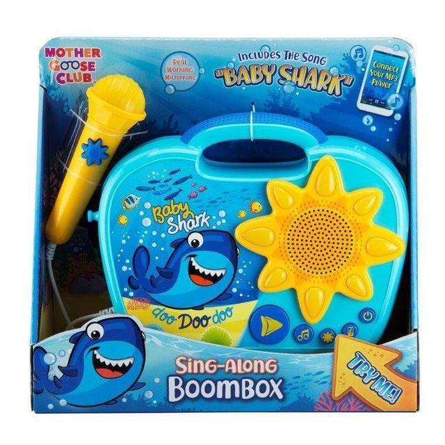 iHome kiddesigns baby shark sing along karaoke boombox kids toys portable karaoke machine working microphone built in music led flashing lights connects mp3 player audio device w play buttons - SW1hZ2U6NTcxOTY=