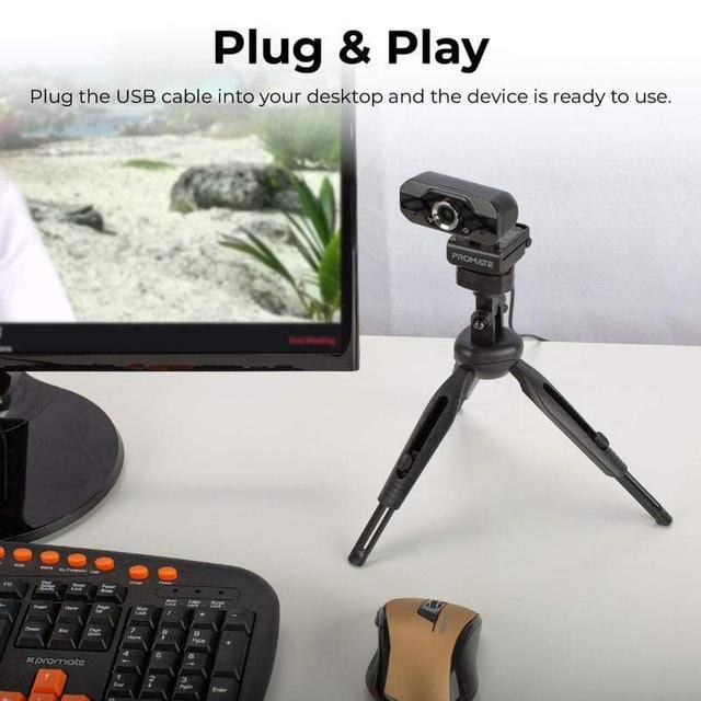 Promate Full HD Webcam 1080P, Professional Widescreen Video Call and Recording USB Webcam with Noise Reduction Stereo Mic, 120 Degree Wide Angle Camera and Tripod Stand - SW1hZ2U6ODEzNTc=