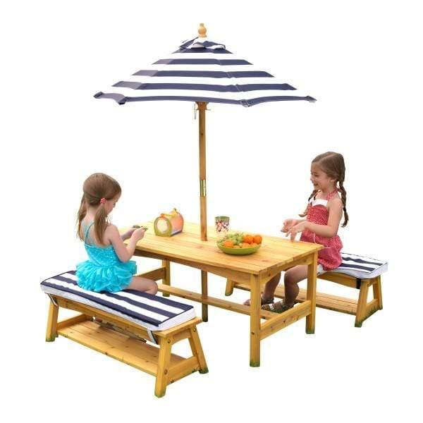 طاولة مع مقاعد ومظلة كيد كرافت KidKraft Outdoor Table & Bench Set with Cushions & Umbrella - كحلي / أبيض - SW1hZ2U6NjgxNDk=