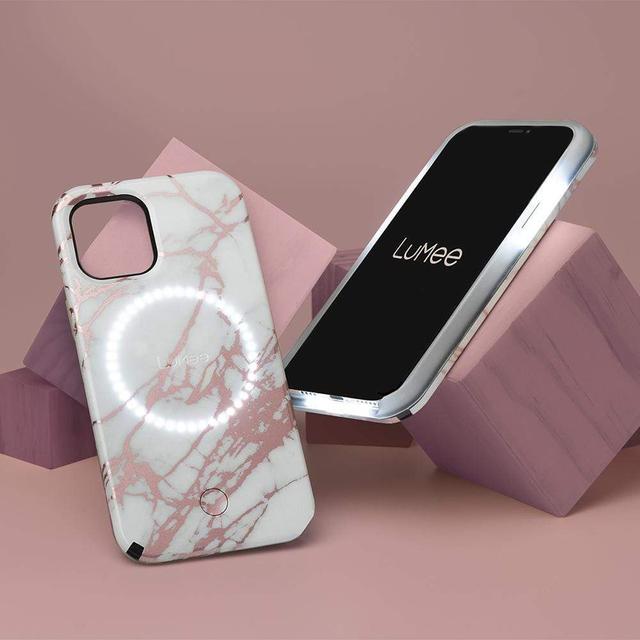 lumee halo selfie case for apple iphone 12 12 pro studio like front back light w variable dimmer micropel antibacterial protection wireless pass through charging white marble - SW1hZ2U6NzEzNjY=