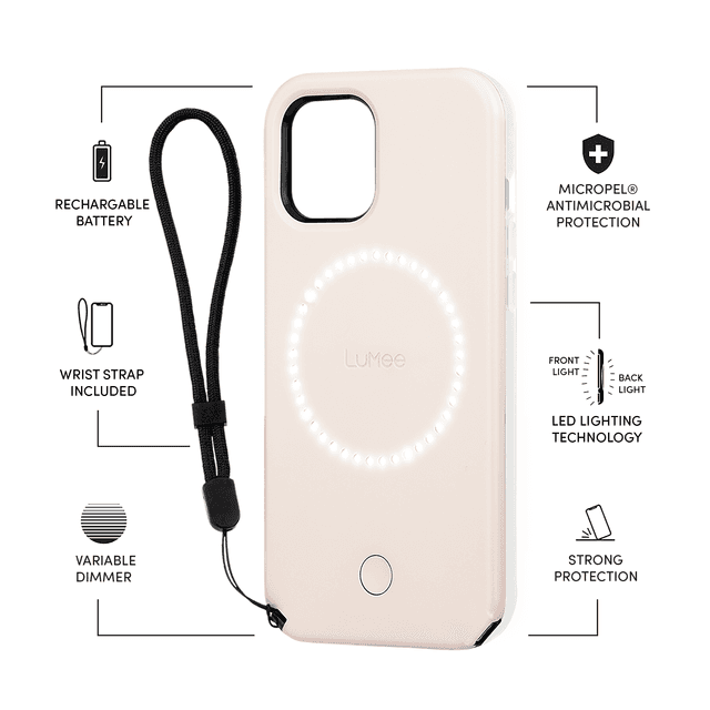 lumee halo selfie case for apple iphone 12 12 pro studio like front back light w variable dimmer micropel antibacterial protection wireless pass through charging millenial pink - SW1hZ2U6NzE0MDU=