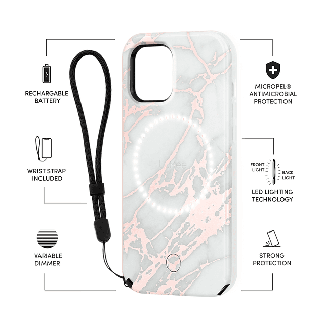 lumee halo selfie case for apple iphone 12 pro max studio like front back light w variable dimmer micropel antibacterial protection wireless pass through charging white marble - SW1hZ2U6NzE0Mjk=