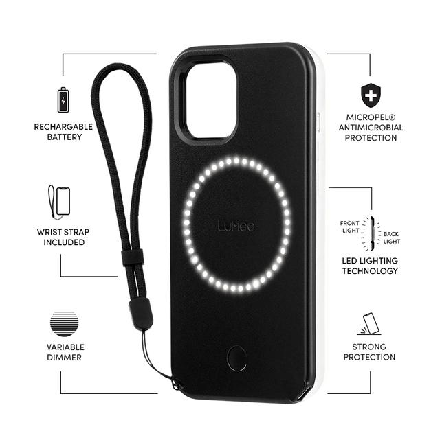lumee halo selfie case for apple iphone 12 mini studio like front back light w variable dimmer micropel antibacterial protection wireless pass through charging matte black - SW1hZ2U6NzE0Mzc=