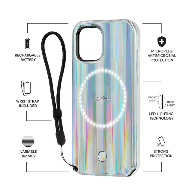 lumee halo selfie case for apple iphone 12 mini studio like front back light w variable dimmer micropel antibacterial protection wireless pass through charging bolt - SW1hZ2U6NzE0NDk=
