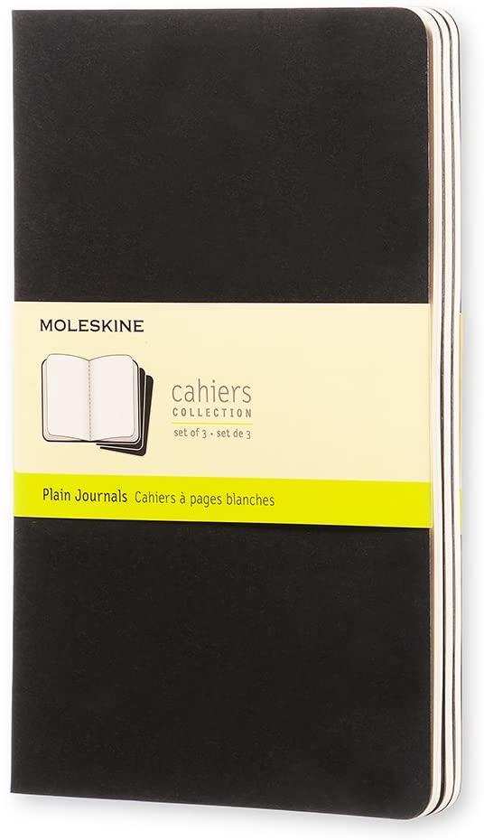 moleskine cahier journal set 3 notebooks with plain pages cardboard cover with visible cotton stiching color black large 13 x 21 cm 80 pages - SW1hZ2U6NTc0NTI=