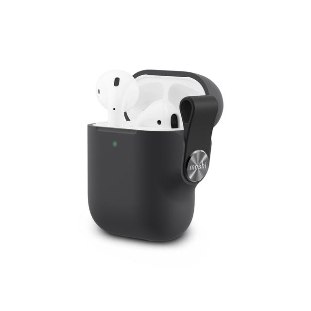 moshi pebbo airpods gen 1 2 case shock absorb stylish airpods cover w detachable wrist strap included lintguard protection wireless charging compatible w led indicator shadow black - SW1hZ2U6NjE0MjM=