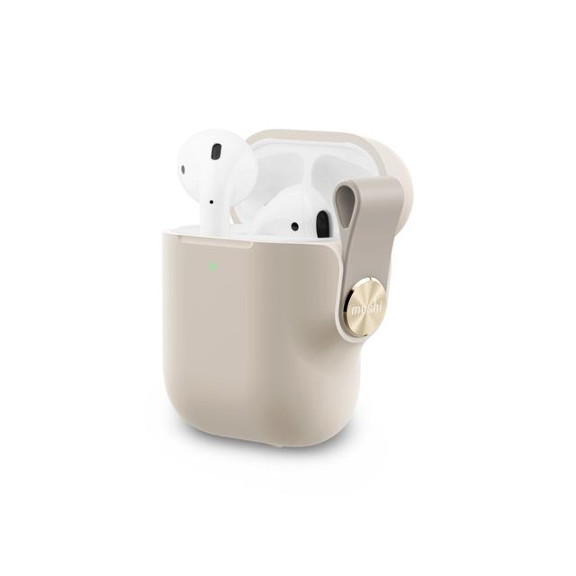 moshi pebbo airpods gen 1 2 case shock absorb stylish airpods pro cover w detachable wrist strap included lintguard protection wireless charging compatible w led indicator savana beige - SW1hZ2U6NjE0Mjc=