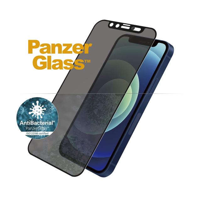 panzerglass dual privacy iphone 12 mini screen protector edge to edge tempered glass w anti microbial surface and cam slider case friendly easy install privacy w black frame - SW1hZ2U6NzExMDg=