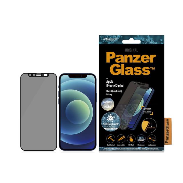 panzerglass dual privacy iphone 12 mini screen protector edge to edge tempered glass w anti microbial surface and cam slider case friendly easy install privacy w black frame - SW1hZ2U6NzExMDk=