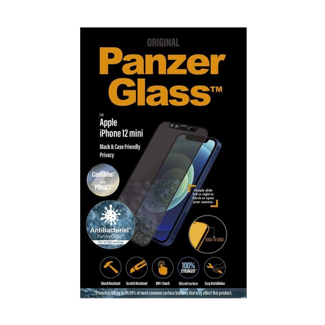 panzerglass dual privacy iphone 12 mini screen protector edge to edge tempered glass w anti microbial surface and cam slider case friendly easy install privacy w black frame - SW1hZ2U6NzExMTA=