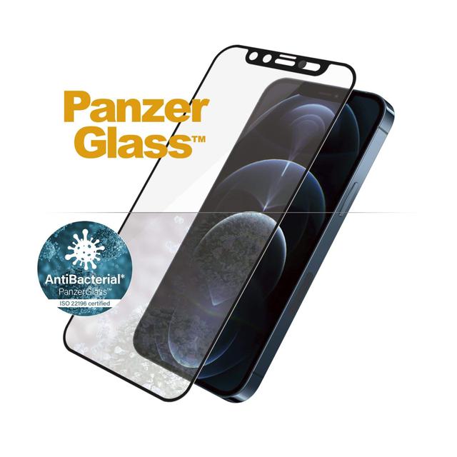 panzerglass cam slider iphone 12 pro max screen protector edge to edge tempered glass w anti microbial surface and cam slider case friendly easy install clear w black frame - SW1hZ2U6NzEyMDg=