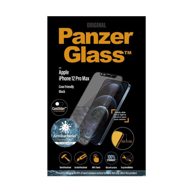 panzerglass cam slider iphone 12 pro max screen protector edge to edge tempered glass w anti microbial surface and cam slider case friendly easy install clear w black frame - SW1hZ2U6NzEyMTA=