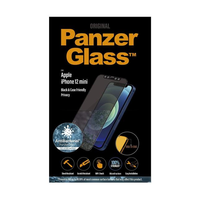 panzerglass privacy iphone 12 mini screen protector edge to edge tempered glass w anti microbial surface protection case friendly easy install privacy w black frame - SW1hZ2U6NzEyMjI=