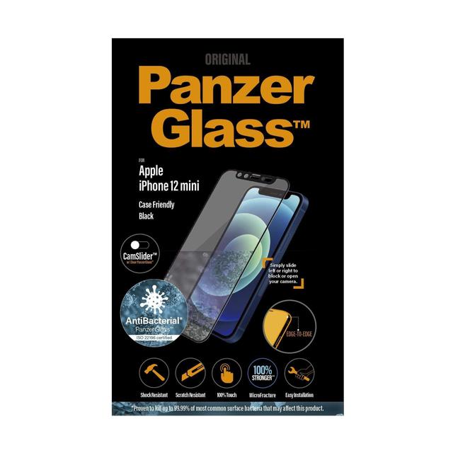 panzerglass cam slider iphone 12 mini screen protector edge to edge tempered glass w anti microbial surface and cam slider case friendly easy install clear w black frame - SW1hZ2U6NzEyNjI=