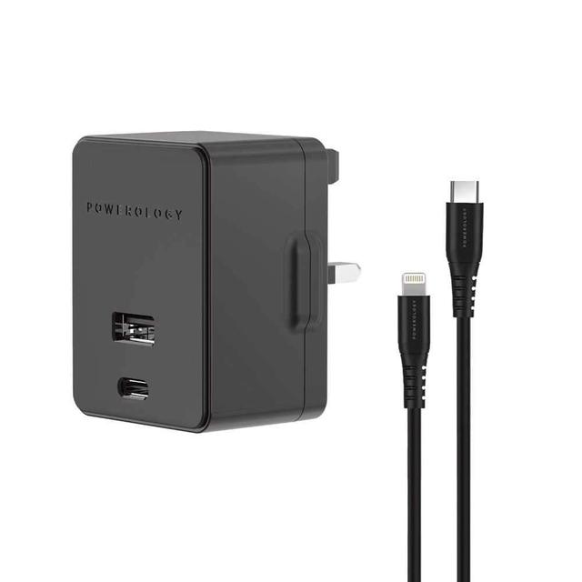 powerology dual port wall charger 30w usb 2 4a pd 18w with type c to mfi lighting cable 1 2m black - SW1hZ2U6NDg5NDg=