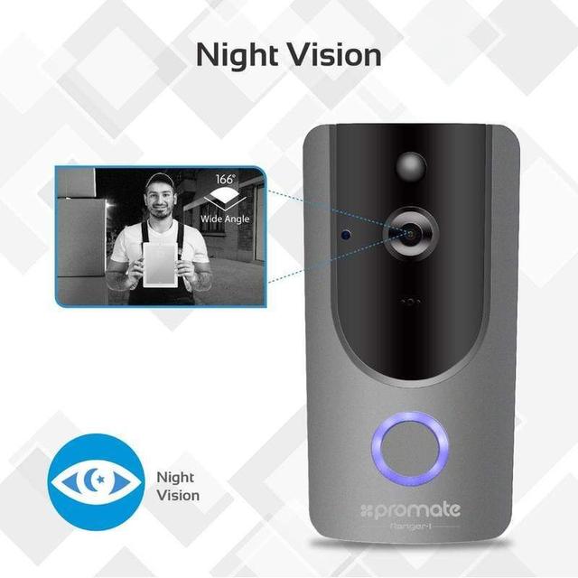 Promate Wireless Doorbell, Premium Wi-Fi HD Video Doorbell with Mic, Smart Motion Security System, Night Vision, TF Card Slot and 2-Way Audio Support for Android Smartphones, Ranger-1 Grey - SW1hZ2U6ODEzNzE=
