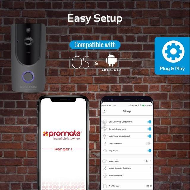 Promate Wireless Doorbell, Premium Wi-Fi HD Video Doorbell with Mic, Smart Motion Security System, Night Vision, TF Card Slot and 2-Way Audio Support for Android Smartphones, Ranger-1 Grey - SW1hZ2U6ODEzNjk=