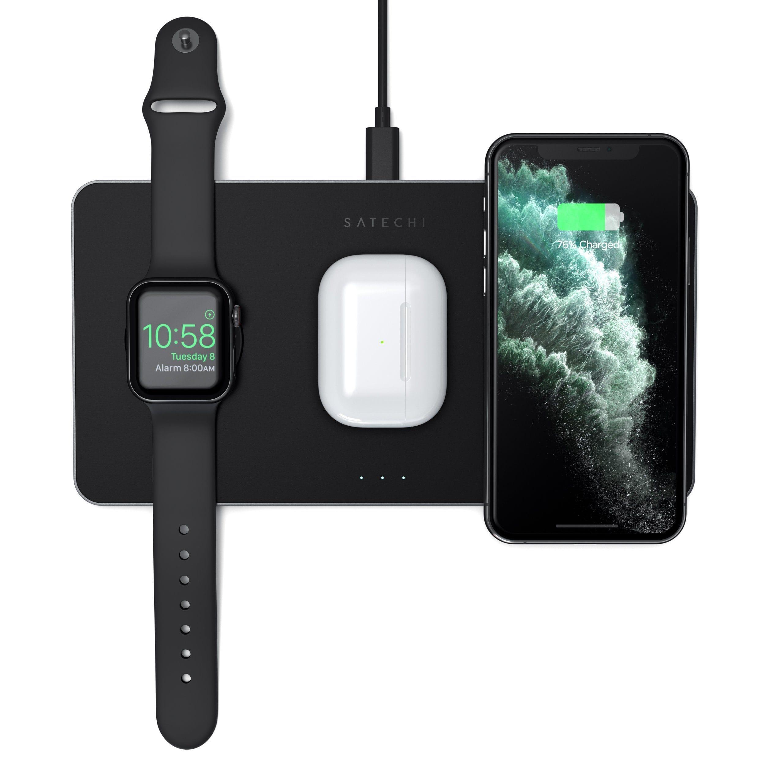 منصة شحن Trio Wireless Charging Pad for Smartphones, Smart Watch & AirPods SATECHI - أسود