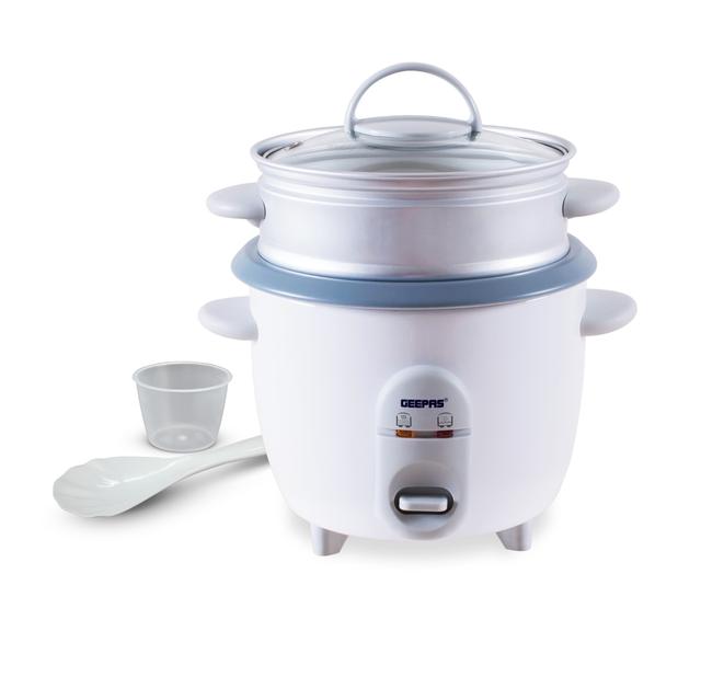 Geepas 0.9L Rice Cooker with Non-Stick Cooking Pot - 350W - Automatic Cooking, Steam Vent Lid & Simple One Touch Operation -Make Rice, Steam Healthy Food & Vegetables - SW1hZ2U6MTQyNTc2