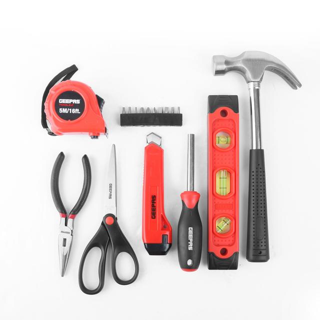 Geepas GT59025 17Pc Mini Tool Kit - General Household Hand Tool Kit - Includes Scissor, Retractable Knife, Measuring Tape, Magnetic Holder with 10 Bits, Pliers, Torpedo Level and Claw Hammer - SW1hZ2U6MTQ0OTE4