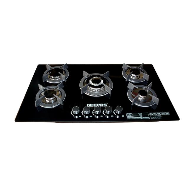 Geepas GGC31011 5 Burner Gas Hob - Attractive Design 8mm Tempered Glass Worktop Automatic Ignition 5 Heating Zones Stainless Steel Body - SW1hZ2U6MTM1MjI2NA==