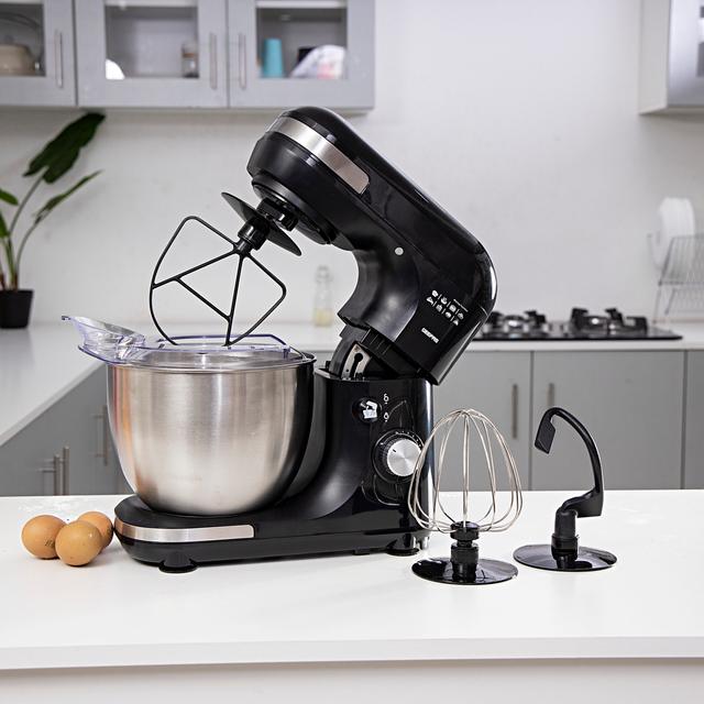 Geepas GSM43013 3 In 1 Stand 600w - 7 Level Speed, 5 Litre Stainless Steel Bowl, Splash Guard -Convenient Design with Wisk, Dough Hook & Beater - Perfect All Kitchen Use - SW1hZ2U6MTQzOTY4