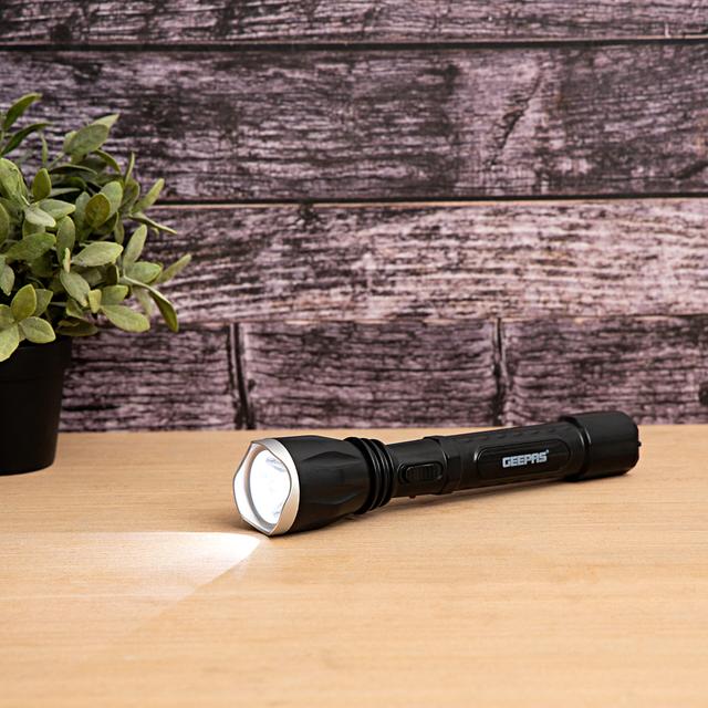 Geepas Rechargeable LED Flashlight -Hyper Bright 1W Hi-Power LED Torch Light -Built-in 400mAh Lead Acid Battery -Powerful Torch for Outdoor Activities - SW1hZ2U6MTM4MzI2