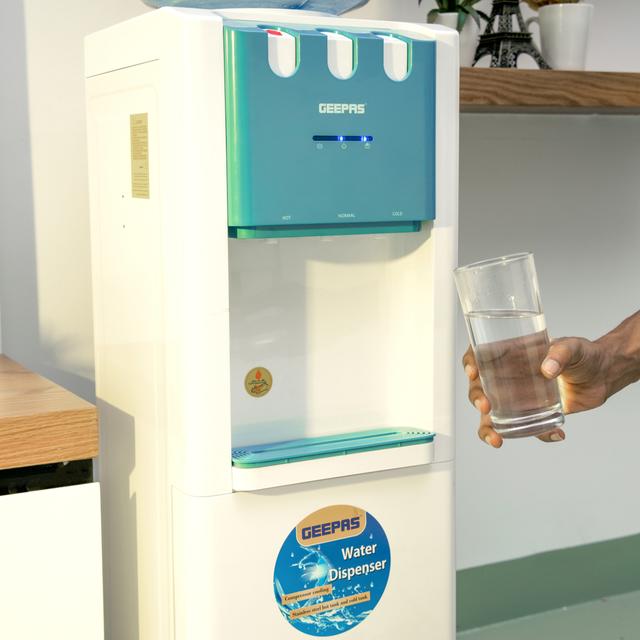 Geepas GWD8354 Water Dispenser - 3 Taps with Hot/Normal/Cool with Fast Cooling & Low Noise- Stainless Steel tank - Ideal for Office,Banks, Hotels, Home & More - SW1hZ2U6MTQ3OTA4