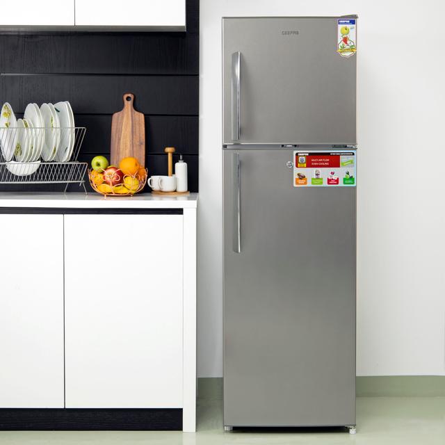 Geepas 320L Double Door Refrigerator - Free Standing Durable Double Door Refrigerator, Recessed Handle, Quick Cooling, Low Noise, Low Energy Consumption, Defrost Refrigerator - 2 Years Warranty - SW1hZ2U6MTQyOTI1