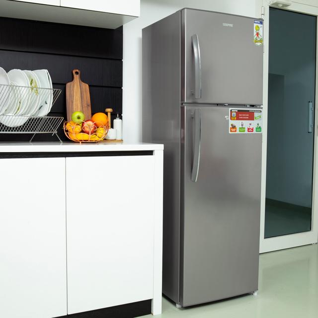 Geepas 320L Double Door Refrigerator - Free Standing Durable Double Door Refrigerator, Recessed Handle, Quick Cooling, Low Noise, Low Energy Consumption, Defrost Refrigerator - 2 Years Warranty - SW1hZ2U6MTQyOTI3