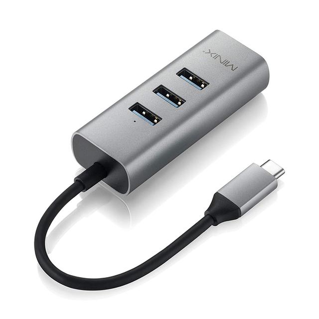 MINIX Neo C-UE Gigabit Ethernet Adapter USB-C to 3-Port USB 3.0 For Windows OS, Mac OS, Chrome OS - Grey - SW1hZ2U6MTIxMTYx