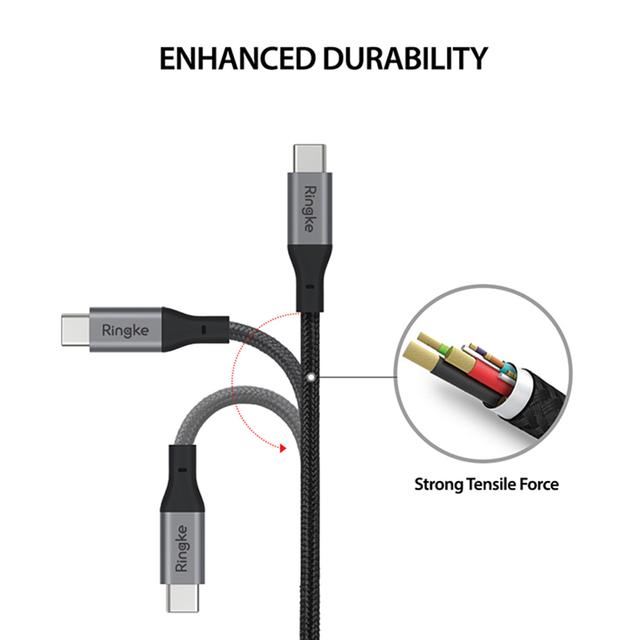 Ringke USB Type C to C Cable (4ft) Tangle Free Cotton Braided Universal Compatibility High-Speed 5Gbps Syncing & Fast Charging Connector Cord with Cable Tie, Supports USB Type-C Device - Black - SW1hZ2U6MTI3MDA5