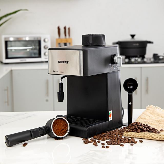 Geepas GCM6109 240ML Cappuccino Maker - Automatic Pressure Release, 4 cup Stainless Steel Filters , Indicator OnOff Lights, 2 Cup Dispense - 2 Years Warranty - SW1hZ2U6MTM2MTI4