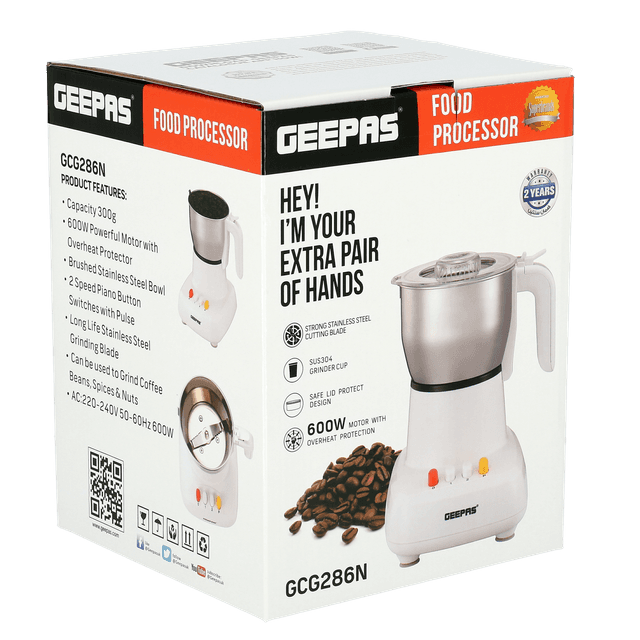 Geepas GCG286 Coffee Grinder - 600W Electric Grinder - Stainless Steel Blades for Coffee Beans, Spices & Dried Nuts Grinding - 300ML Capacity Mill with Transparent Lid - 2 Years Warranty - SW1hZ2U6MTUxNzQ0