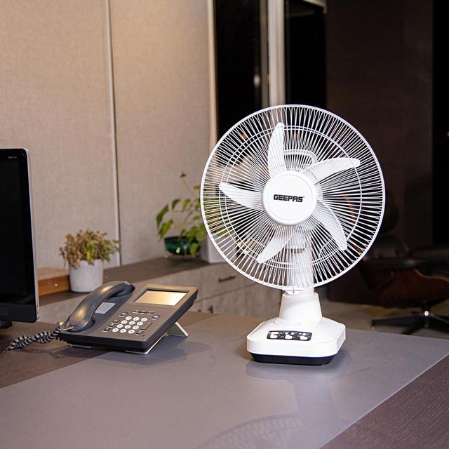 Geepas GF21118 12'' Rechargeable Fan - 2 Speed Settings with 6 Hours Continuous Working & 24 Hours LED Light - 5000 Mah Battery - Ideal for Office, Home & Outdoor Use - SW1hZ2U6MTM3NDA4
