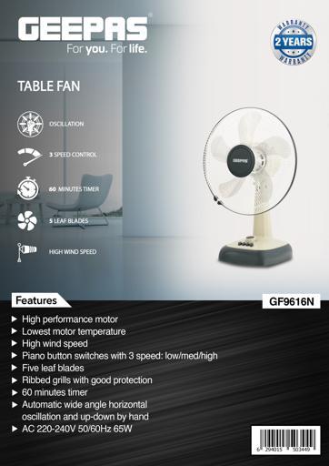 Geepas GF9616 16-Inch Table Fan - 3 Speed Settings with Wide Oscillation - 5 Leaf Blade for Cooling Fan for Desk, Home or Office Use - 2 Year Warranty - SW1hZ2U6MTQ1NDU2MA==