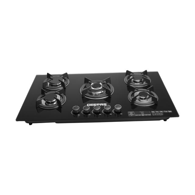 Geepas GGC31011 5 Burner Gas Hob - Attractive Design 8mm Tempered Glass Worktop Automatic Ignition 5 Heating Zones Stainless Steel Body - SW1hZ2U6MTM4NDQy