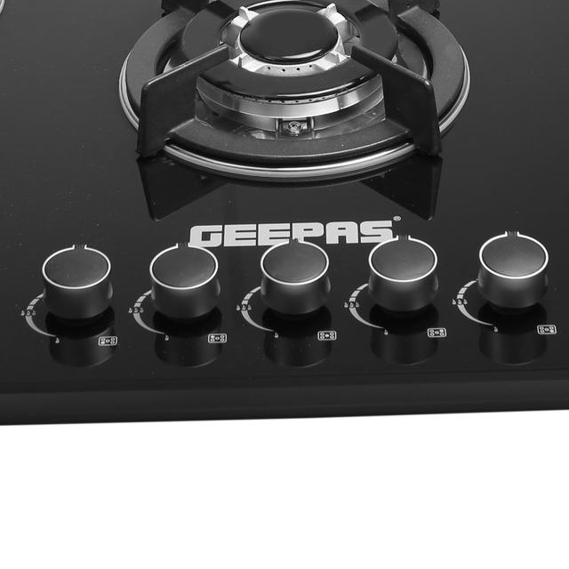 Geepas GGC31011 5 Burner Gas Hob - Attractive Design 8mm Tempered Glass Worktop Automatic Ignition 5 Heating Zones Stainless Steel Body - SW1hZ2U6MTM4NDQ2