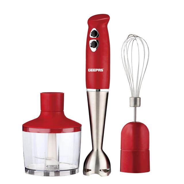 Geepas GHB6136 400W Hand Blender - Stainless Steel Blades with 2 Speed for Baby Food, Soup, Juice - 860ml Chopper Bowl & Electric Egg Whisk - 2 Years Warranty - SW1hZ2U6MTM4OTgw