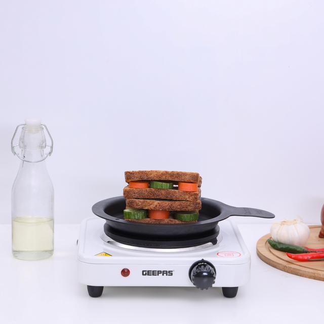 Geepas 1000W Single Hot Plate for Flexible & Precise Table Top Cooking - Cast Iron Heating Plate - Portable Electric Hob with Temperature Control - SW1hZ2U6MTUxOTEy
