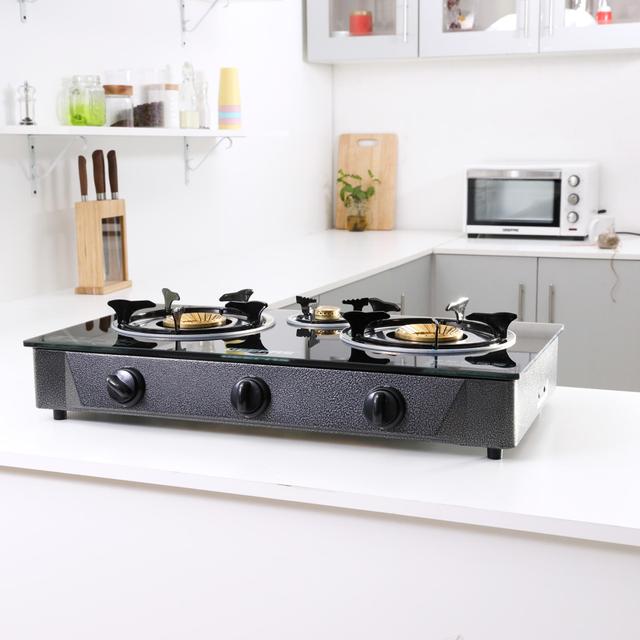Geepas GK4281 3-Burner Gas Hob Attractive Design - Tempered Glass Worktop Automatic Ignition, 3 Heating Zones - Portable Cooktop - Ideal for Home, Office and More - 2 Years Warranty - SW1hZ2U6MTQwMjY1