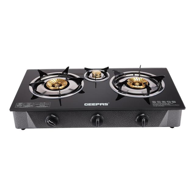 Geepas GK4281 3-Burner Gas Hob Attractive Design - Tempered Glass Worktop Automatic Ignition, 3 Heating Zones - Portable Cooktop - Ideal for Home, Office and More - 2 Years Warranty - SW1hZ2U6MTQwMjU1